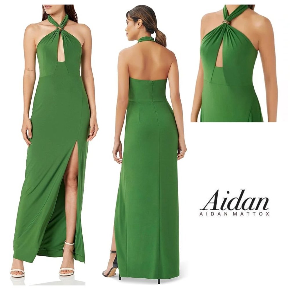 NWT Aidan by Aidan Mattox Moss Green Halter Gown Maxi Dress Wedding Gala Party